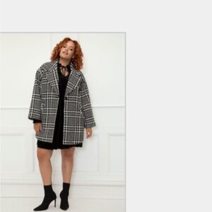 Eloquii Black and White Plaid Pea Coat